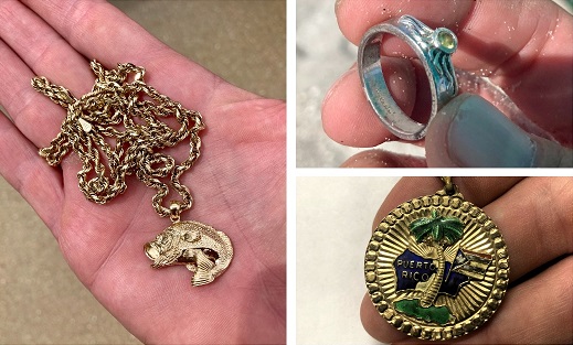 Lost necklace, lost ring, lost pendant and jewelry found on Cocoa Beach, FL using metal detectors.