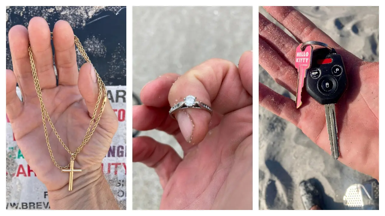 Lost necklace, lost wedding ring, lost keys found on the beach with metal detectors.