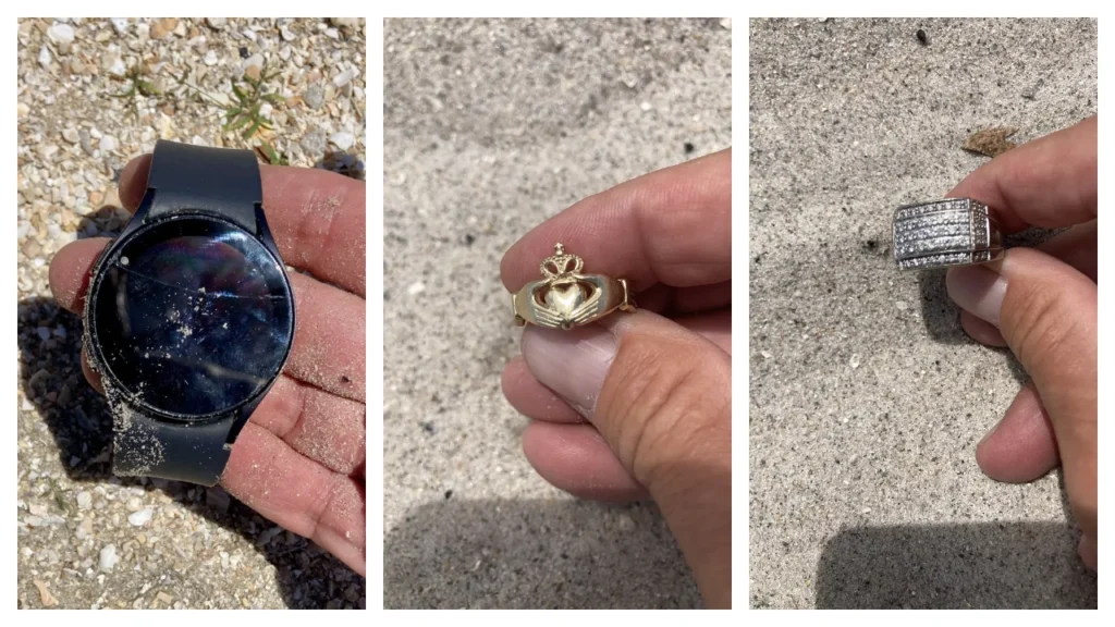 Lost rings and watch lost at Indialantic Beach, FL found by metal detecting.